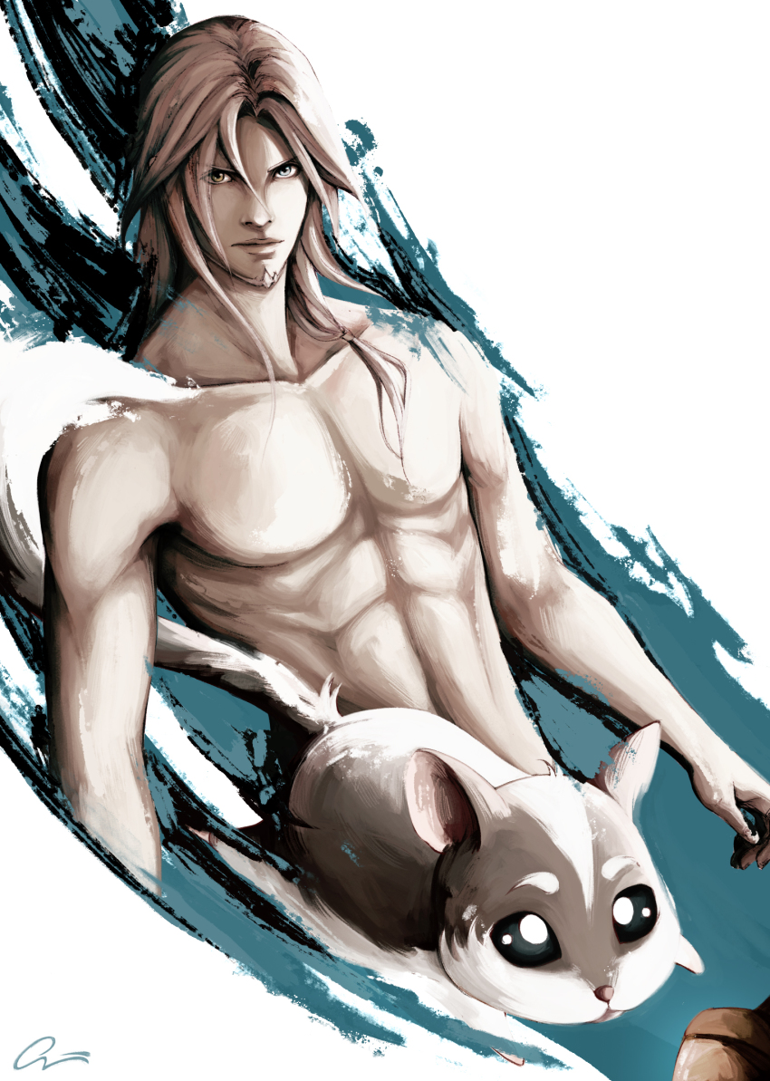 1boy acorn brown_eyes convenient_censoring facial_hair final_fantasy final_fantasy_xiv highres hyur long_hair looking_at_viewer male_focus muscular nude nutkin onyrica signature silver_hair solo thancred
