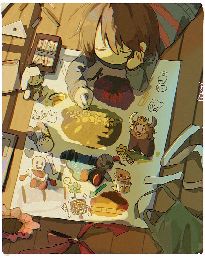 ... 1other alphys annoying_dog apron arrow_(symbol) asgore_dreemurr asriel_dreemurr blue_sweater bob_cut border bow box brown_hair chalk character_doll chromatic_aberration closed_eyes closed_mouth dappled_sunlight doll dot_nose double-parted_bangs drawing_(object) dummy_(undertale) echo_flower film_grain frisk_(undertale) from_above green_apron hair_between_eyes hand_on_own_cheek hand_on_own_face hashtag-only_commentary heart highres holding holding_chalk indoors kawar1117552 light_particles long_sleeves lying mettaton mettaton_(box) napstablook on_floor on_stomach paper papyrus_(undertale) pink_skirt pink_sweater red_bow sans_(undertale) short_hair skirt solo sparkle spoken_ellipsis striped_clothes striped_sweater sunlight sweater temmie toriel two-tone_sweater u_u undertale undyne unworn_apron unworn_bow unworn_skirt upper_body white_border wooden_floor