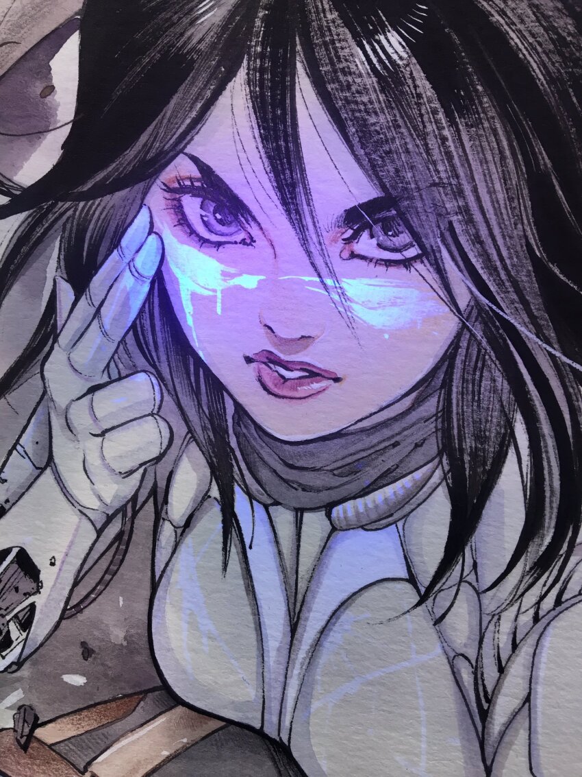1girl alita battle_angel_alita black_hair black_shorts ultraviolet_light cape cropped cyborg debris eyeliner grey_eyes grey_scarf hand_on_own_face highres joints looking_up makeup mechabare mechanical_arms mechanical_hands mechanical_legs metal_skin peach_momoko red_eyeliner red_lips robot_joints scarf science_fiction shorts traditional_media ultraviolet_light variant_set yellow_cape