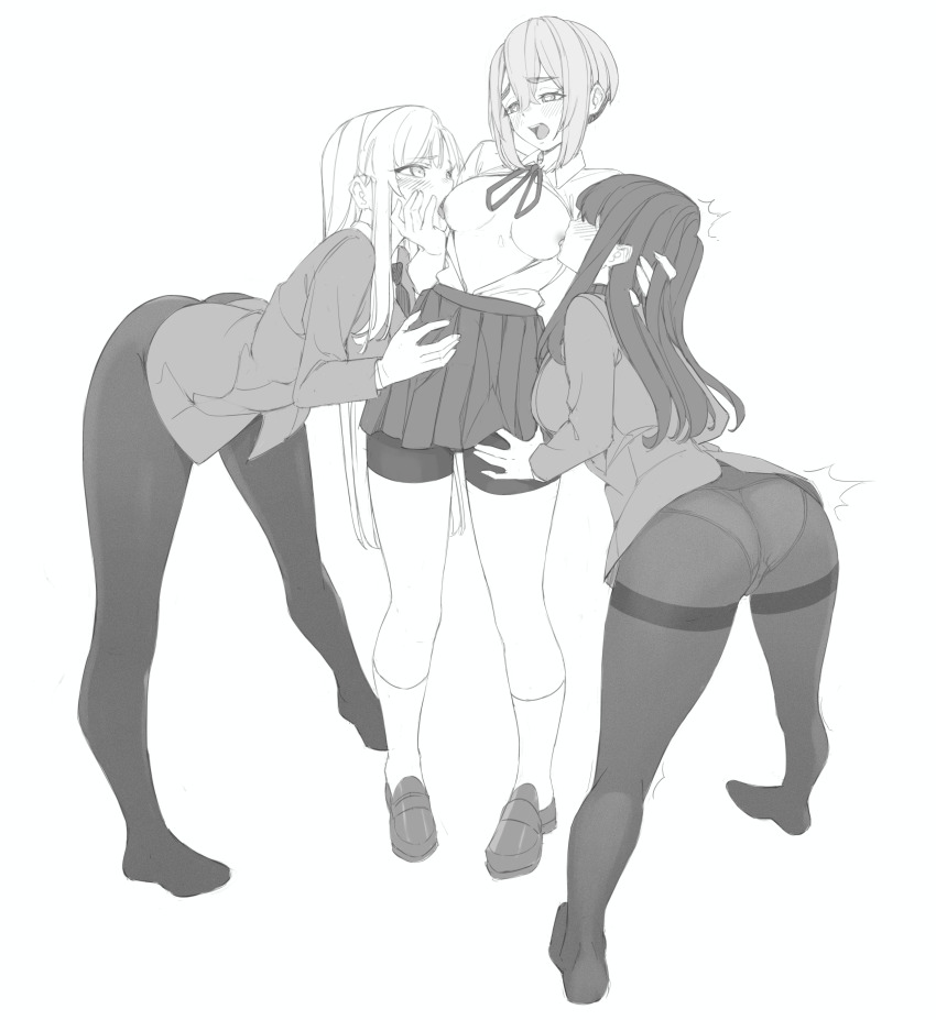 3girls absurdres ass blush breast_sucking breasts breasts_out eiai_nano full_body greyscale hand_on_another&#039;s_head hand_on_another&#039;s_lap hand_on_another&#039;s_thigh highres hornfelstone kakure_meme kimi_no_koto_ga_dai_dai_dai_dai_daisuki_na_100-nin_no_kanojo large_breasts long_hair medium_breasts monochrome multiple_girls panties panties_visible_through_clothes pantyhose shorts shorts_under_skirt simple_background skirt spread_legs sutou_iku thick_thighs thighhighs thighs underwear white_background yuri