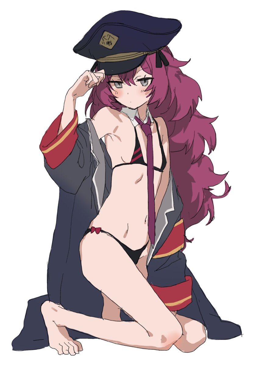 1girl akinashi_yuu bikini blue_archive blush breasts coat detached_collar full_body grey_eyes hat highres iroha_(blue_archive) kneeling long_hair navel necktie open_clothes open_coat peaked_cap purple_hair sketch small_breasts solo swimsuit