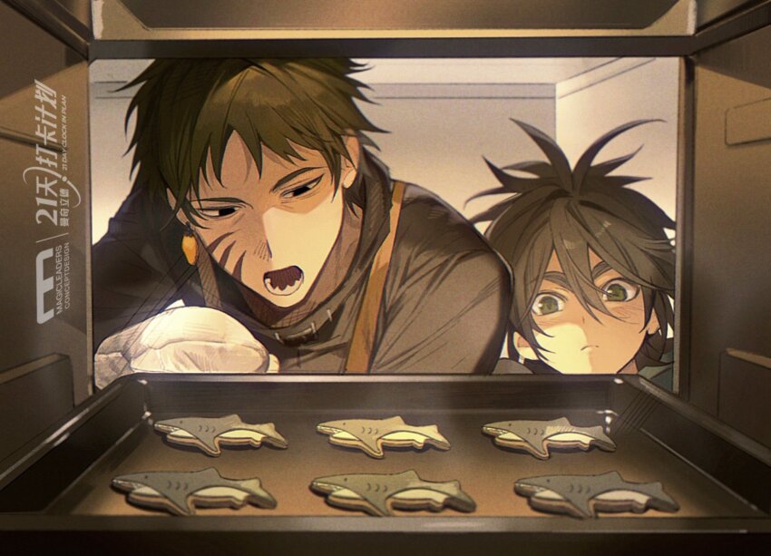 2boys animal-themed_food antenna_hair black_eyes black_jacket brown_hair chinese_commentary chromatic_aberration closed_mouth commentary_request cookie dreyfus_zweig facial_scar film_grain food frown green_eyes hair_between_eyes highres indoors isoi_reiji jacket jiuc_000 male_focus multiple_boys open_mouth oven_interior oven_mitts saibou_shinkyoku scar scar_on_cheek scar_on_face sharp_teeth short_hair teeth thick_eyebrows tray v-shaped_eyebrows
