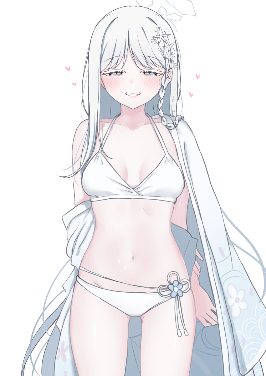 1girl absurdres bikini blue_archive blush braid breasts collarbone colored_eyelashes cowboy_shot grin hair_ornament halo haori heart highres japanese_clothes long_hair looking_at_viewer nagusa_(blue_archive) nagusa_(swimsuit)_(blue_archive) navel official_alternate_costume pikacchi simple_background single_braid small_breasts smile snowflake_hair_ornament solo stomach straight_hair swimsuit white_background white_bikini white_hair