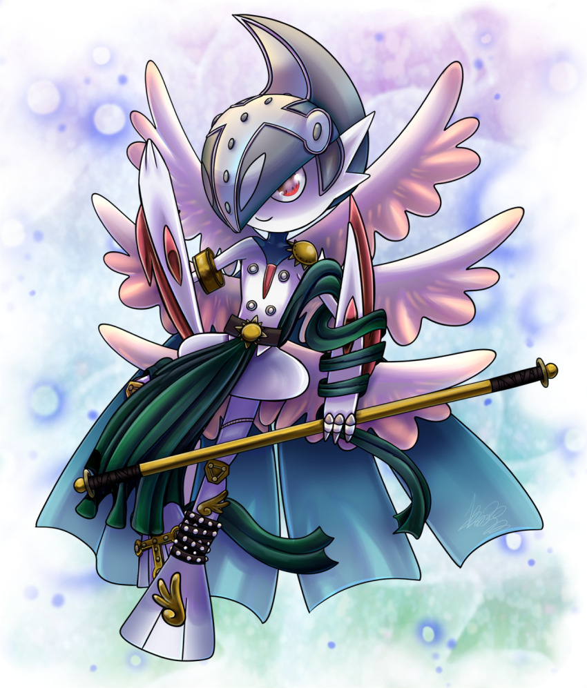 angel_wings angemon angemon_(cosplay) arm_blade colored_skin cosplay digimon gallade gen_4_pokemon helmet highres holding holding_staff mamajebbun mega_gallade mega_pokemon nintendo pink_eyes pokemon pokemon_(creature) smile staff weapon white_skin wings