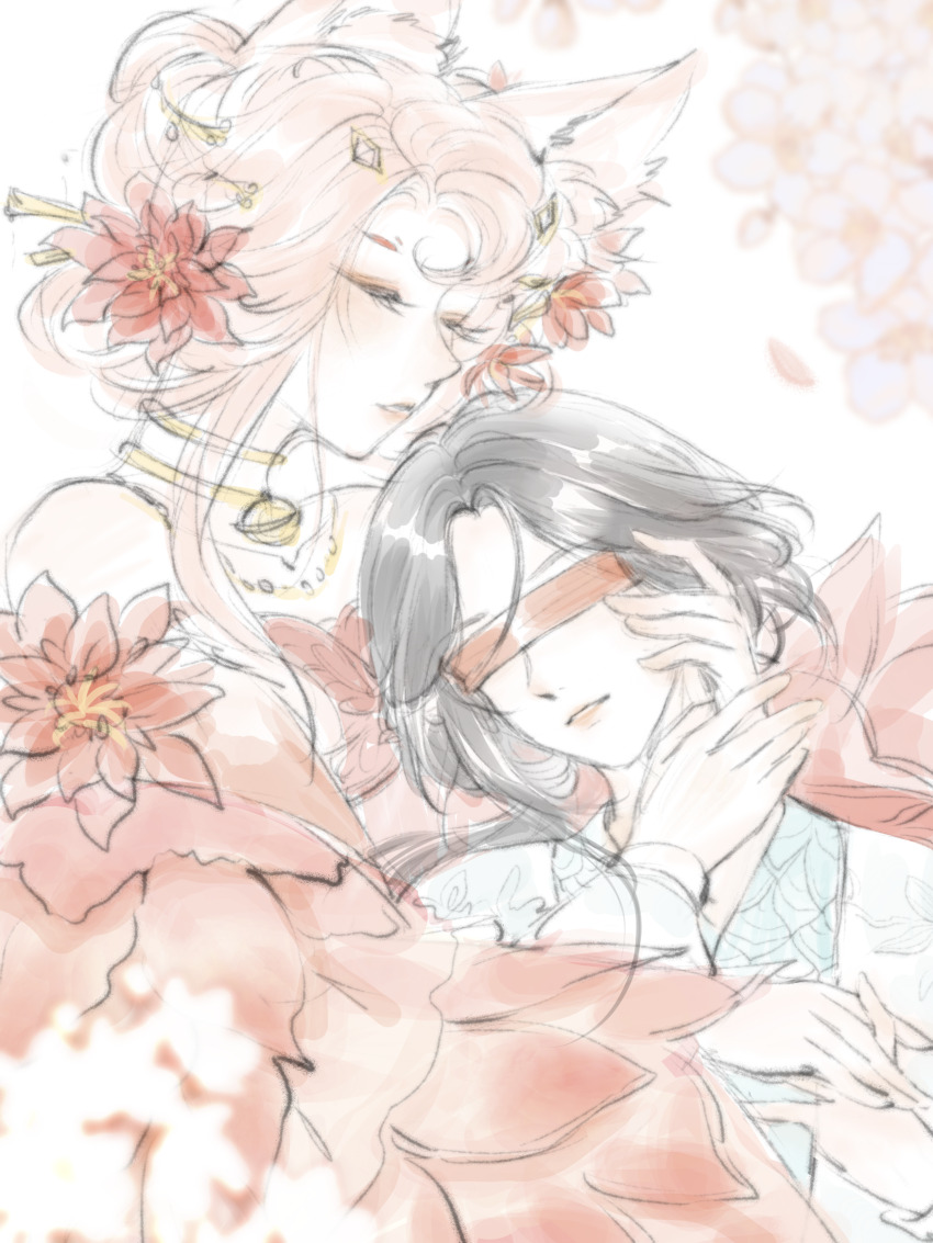 2girls absurdres animal_ear_fluff animal_ears bare_shoulders bead_necklace beads bell black_hair blindfold cherry_blossoms chinese_clothes chinese_hairpin choker closed_eyes colored_blindfold eyelashes eyeshadow flower forever_bond_(infinity_nikki) fox_ears hair_bun hair_flower hair_ornament hair_rings hairpin hand_on_another&#039;s_cheek hand_on_another&#039;s_face hand_on_another&#039;s_hand hanfu head_on_chest highres infinity_nikki interlocked_fingers jewelry lipstick long_sleeves lotus makeup miss_bai_(infinity_nikki) mocha_gaogao multiple_girls multiple_hairpins neck_bell necklace nikki_(nikki) nikki_(series) off_shoulder parted_lips petals pink_eyeshadow pink_flower pink_hair pink_lips red_flower red_hanfu short_hair_with_long_locks single_hair_bun updo upper_body white_background white_hanfu wide_sleeves yellow_choker yuri