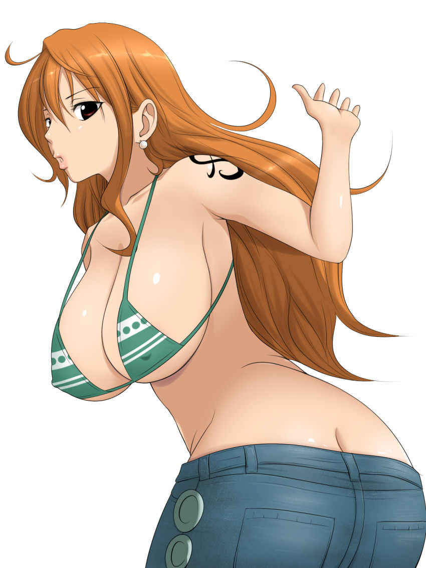 1girl biki_top breasts brown_eyes butt_crack cleavage diisuke female_focus highres large_breasts long_hair nami_(one_piece) one_piece orange_hair solo tattoo
