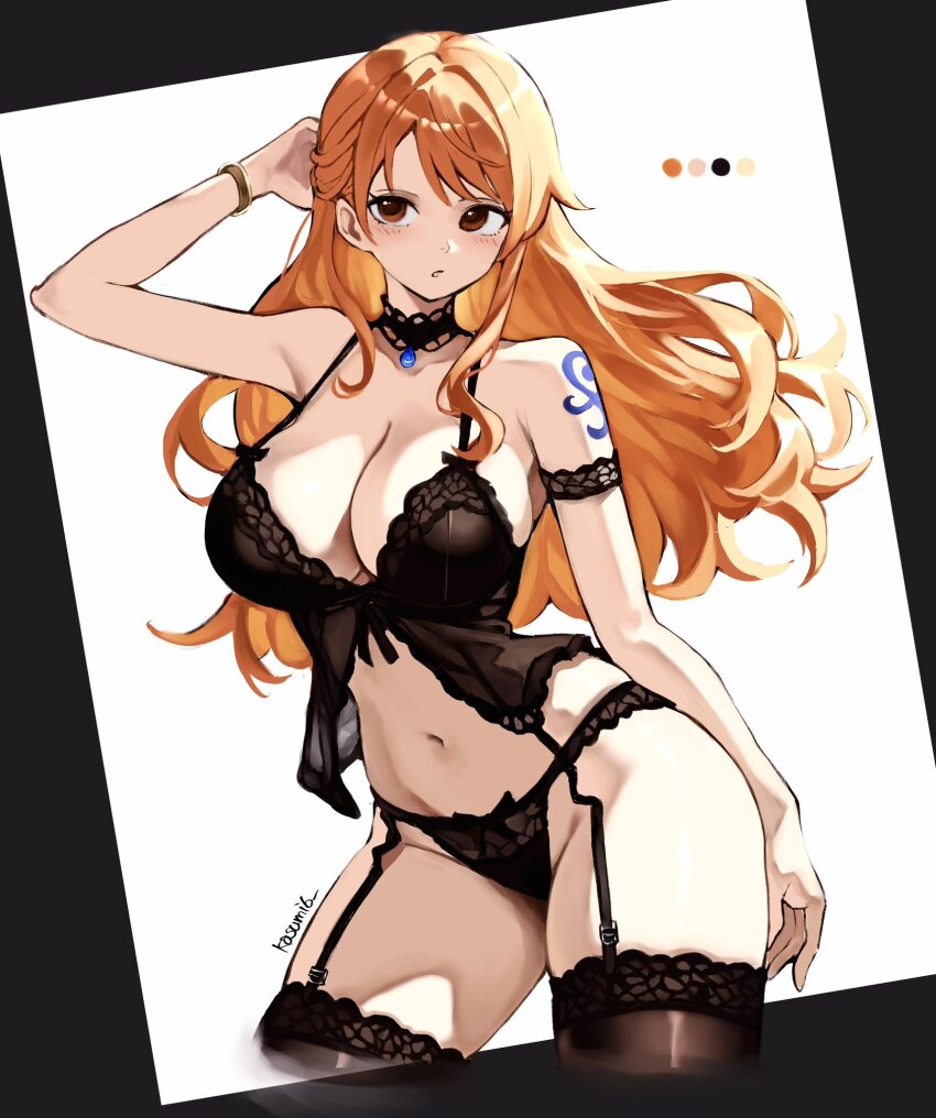 1girl alternate_costume armband artist_name bangle bare_shoulders black_armband black_bra black_choker black_panties black_thighhighs blue_gemstone blush bra bracelet breasts brown_eyes choker cleavage collarbone color_guide commentary cowboy_shot garter_straps gem hand_up highres jewelry kasumi_6 lace lace-trimmed_bra lace-trimmed_choker lace-trimmed_legwear lace-trimmed_panties lace_armband lace_trim large_breasts lingerie long_hair looking_at_viewer nami_(one_piece) navel one_piece orange_hair panties shoulder_tattoo sidelocks solo stomach tattoo thighhighs thighs underwear wavy_hair