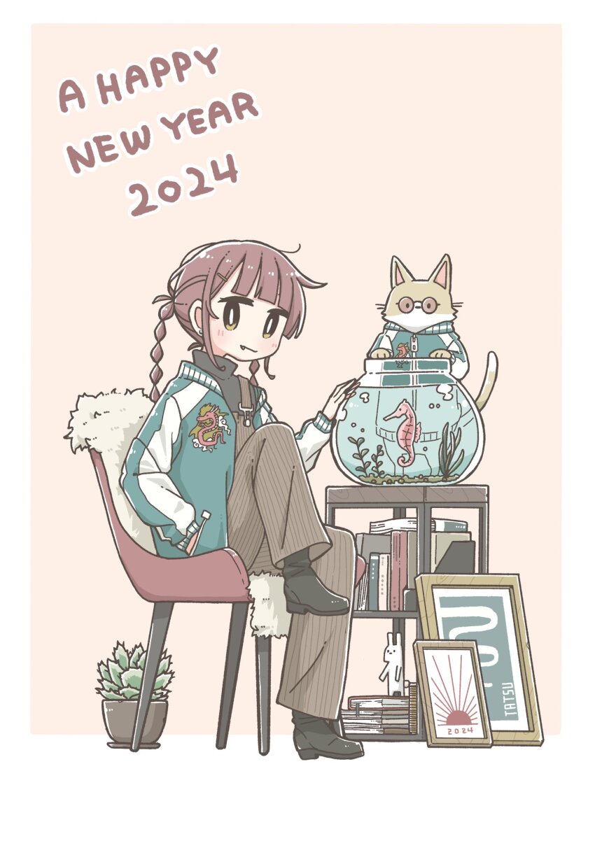 1girl black_boots book book_stack boots braid brown_eyes brown_hair cat chair earrings east_sha2 fang fang_out fish fishbowl green_jacket hair_ornament hairclip happy_new_year highres jacket jewelry long_hair new_year original plant potted_plant seahorse sitting solo stud_earrings suspenders twin_braids