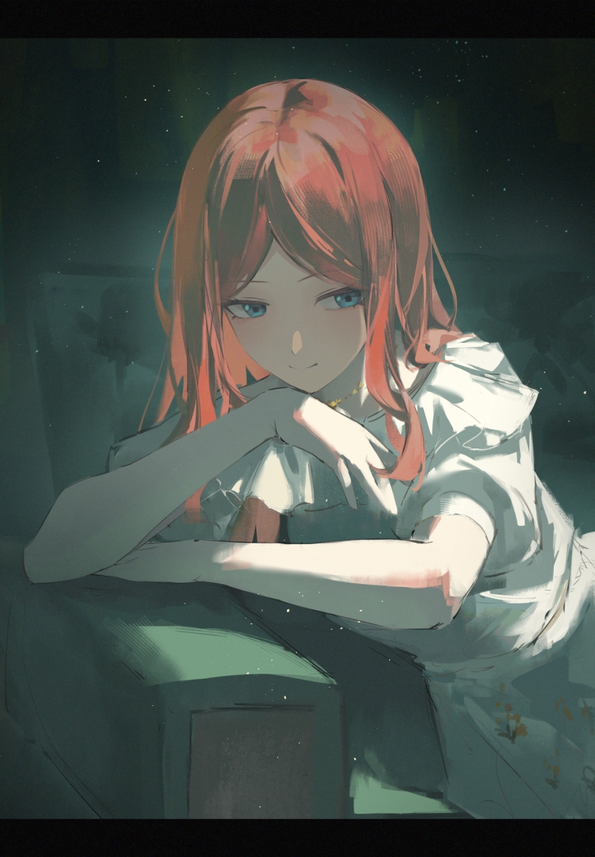 1girl \||/ airool arm_support bang_dream! bang_dream!_it&#039;s_mygo!!!!! black_border blue_eyes border brown_hair chinese_commentary commentary_request couch dark_background elbow_rest facing_ahead floral_print_skirt frilled_shirt_collar frills hand_rest hand_up highres jewelry leaning_to_the_side letterboxed light_smile looking_to_the_side nagasaki_soyo necklace parted_bangs print_skirt puffy_short_sleeves puffy_sleeves shirt short_sleeves sidelighting sidelocks sideways_glance sitting skirt solo three_quarter_view upper_body white_shirt