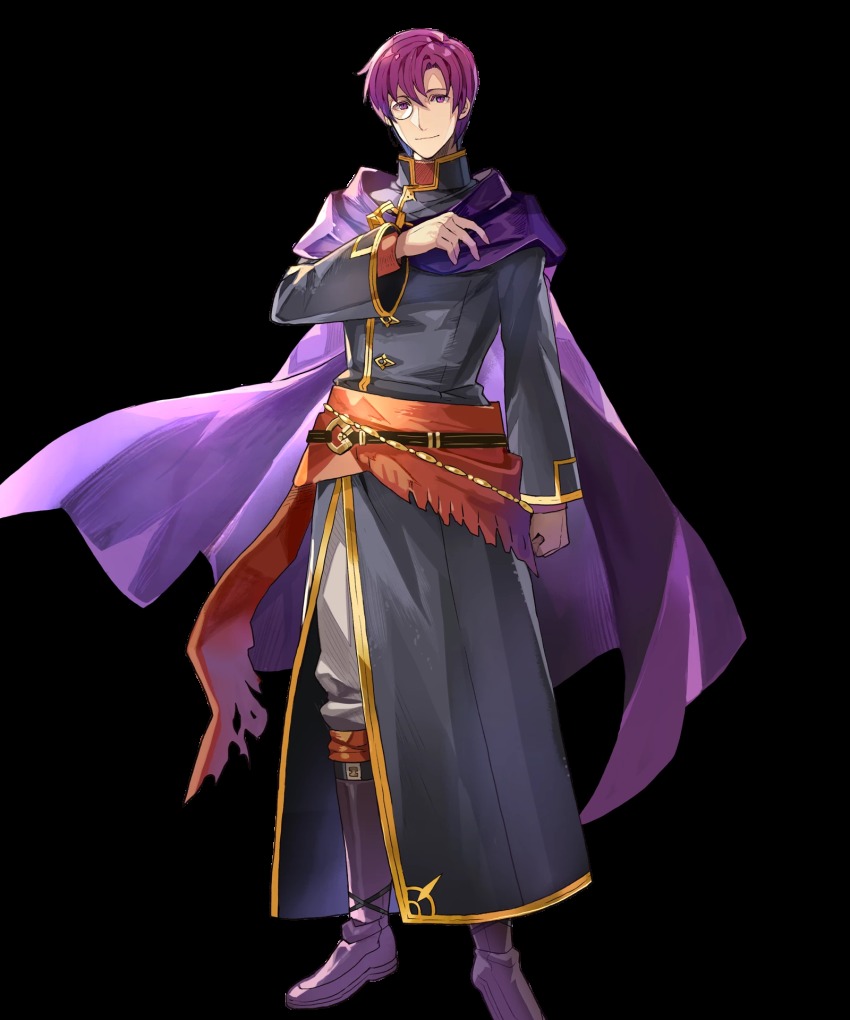 1boy belt boots canas_(fire_emblem) cape fire_emblem fire_emblem:_the_blazing_blade fire_emblem_heroes full_body highres male_focus monocle nintendo official_art purple_eyes purple_hair solo tobi_(kotetsu) transparent_background