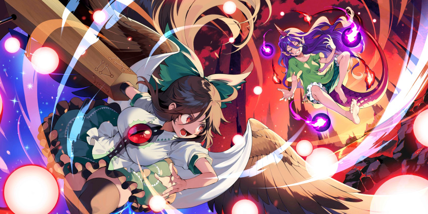 2girls arm_cannon black_thighhighs breasts feathered_wings green_shirt green_skirt highres iroyopon long_hair multiple_girls official_art purple_hair red_eyes reiuji_utsuho shirt skirt smile tenkajin_chiyari thighhighs third-party_source touhou touhou_lostword weapon white_shirt wings