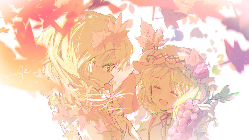 2girls absurdres aki_minoriko aki_shizuha autumn_leaves blonde_hair blurry check_commentary choker collared_shirt commentary_request falling_leaves food fruit grape_hat_ornament grapes hair_behind_ear hair_ornament hands_up hat hat_ornament highres holding holding_food holding_fruit holding_leaf index_finger_raised leaf leaf_hair_ornament leaf_hat_ornament leaf_on_head looking_at_another maple_leaf medium_hair mob_cap multiple_girls orange_hat ribbon_choker shirt short_hair siblings sisters t0nys touhou upper_body yellow_eyes