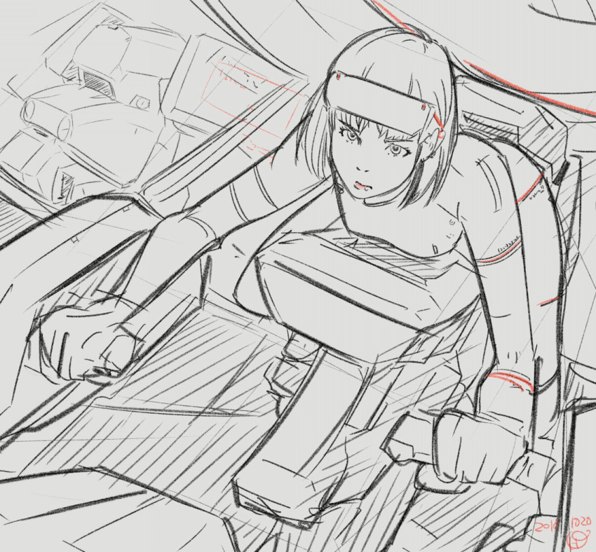1girl clenched_hands cockpit dated greyscale jgsdf_type_07_tank_nacchin kukuri_natsuki looking_up mecha moi_moi7 monochrome original pilot_suit robot sketch spot_color