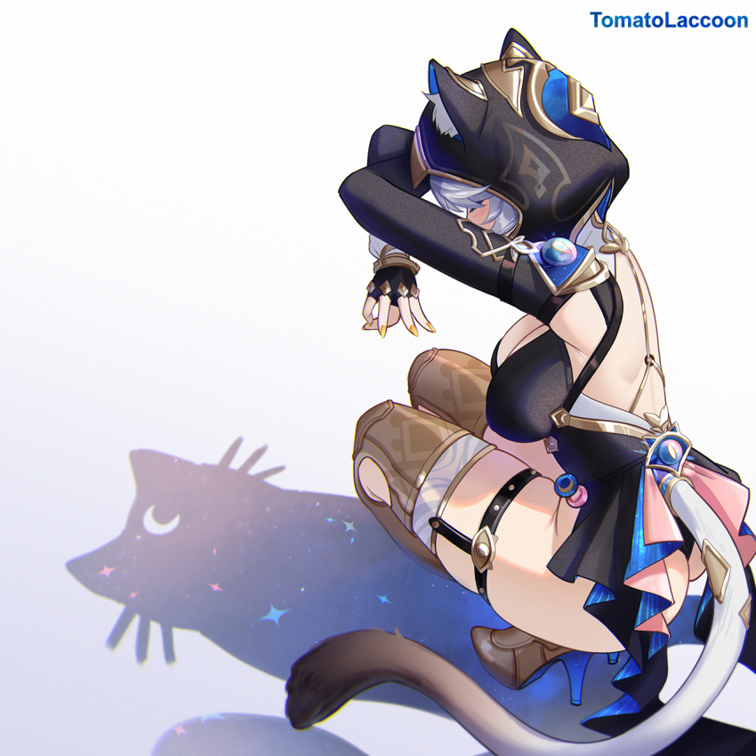 1girl animal_ear_fluff animal_ears artist_name ass black_gloves black_leotard breasts cat_ears cat_girl cat_shadow_puppet_(meme) cat_tail cipher_(honkai:_star_rail) fingerless_gloves from_above from_side gloves high_heels highres honkai:_star_rail honkai_(series) hood hood_up large_breasts leotard long_sleeves meme nail_polish shadow sitting solo squatting tail tomatolaccoon white_hair yellow_nails
