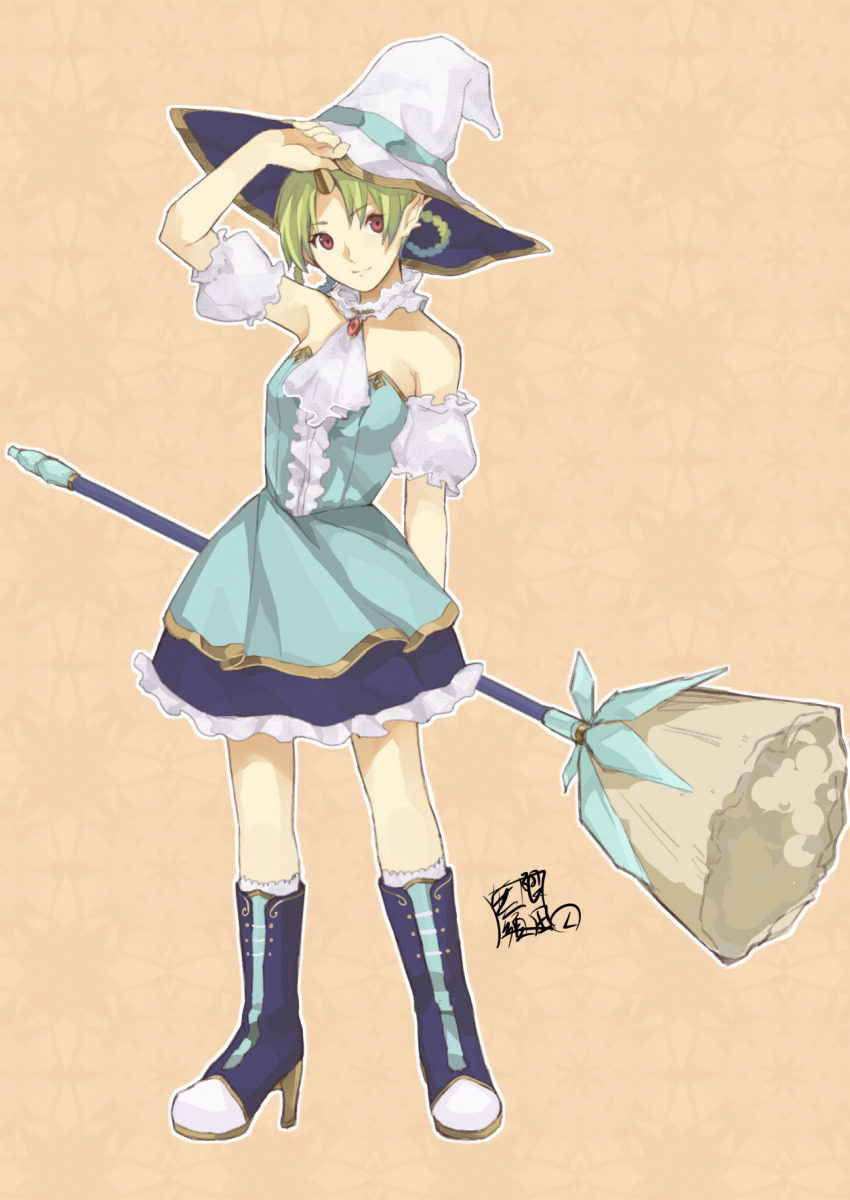 1girl aqua_eyes boots braid braided_hair_rings broom commentary_request detached_sleeves dress full_body green_hair hair_bun hair_rings hat high_heel_boots high_heels highres holding holding_broom knee_boots mugen_no_sudadokei original pointy_ears puffy_short_sleeves puffy_sleeves red_eyes short_dress short_sleeves signature single_hair_bun skirt smile socks solo strapless strapless_dress white_hat white_socks witch_hat