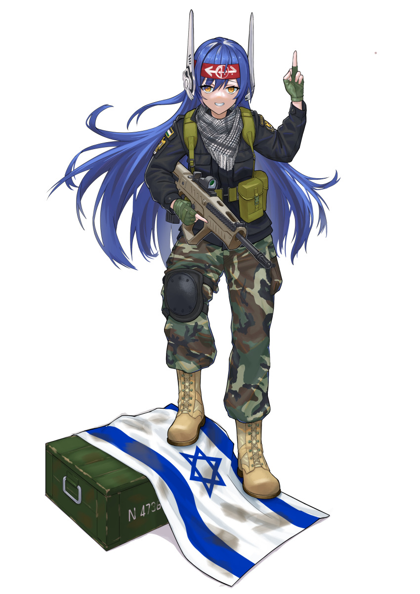 1girl absurdres ammunition_box arm_up assault_rifle belt_pouch blue_hair boots bullpup commission fingerless_gloves full_body girls&#039;_frontline gloves green_gloves gun headband headgear hexagram highres holding holding_gun holding_weapon israel israel-hamas_war israeli_flag iwi_tavor keffiyeh kinrich knee_pads lace-up_boots long_hair long_sleeves looking_at_viewer military_uniform orange_eyes out_of_character palestine palestinian_clothes palestinian_flag pflp pointing pointing_up pouch red_headband rifle robot_ears shoes single_knee_pad smile standing star_of_david tar-21_(girls&#039;_frontline) tavor_tar-21 weapon yellow_boots
