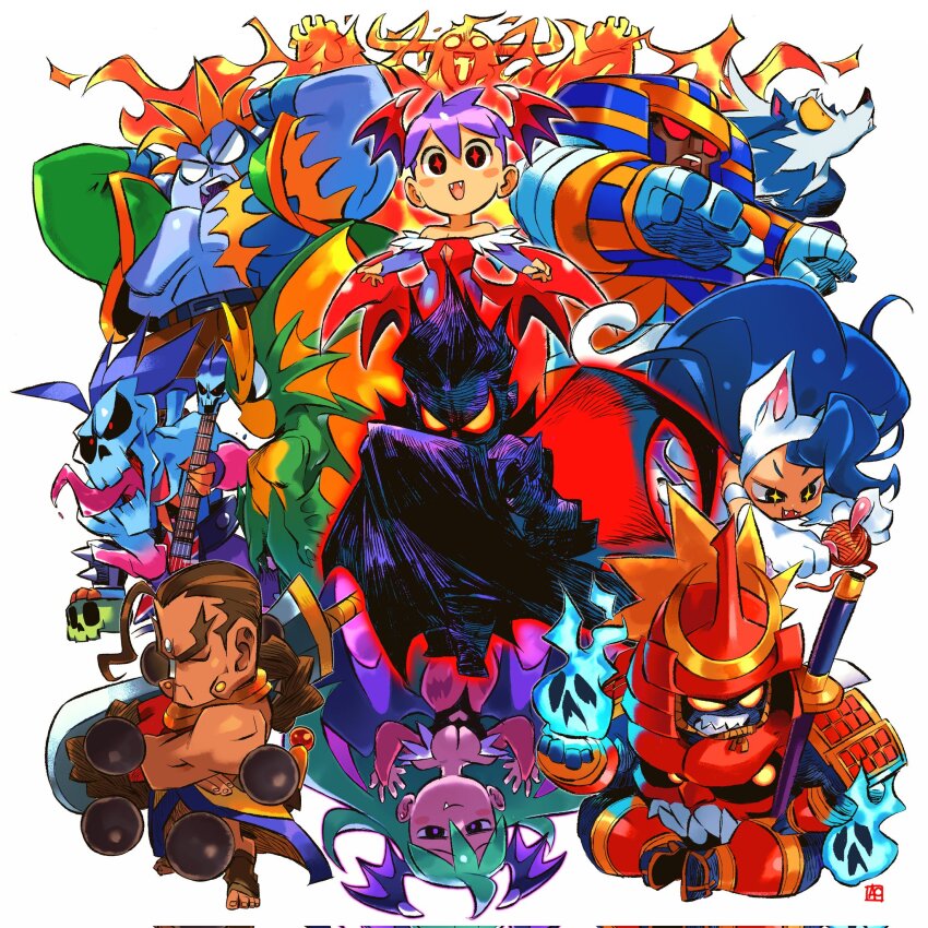 2023 3girls 6+boys alien anakaris andrewcockroach animal_ears animal_print armor bat_print bat_wings beads big_hair bishamon_(darkstalkers) blue_hair blue_skin blush_stickers breasts brown_hair capcom cape cat_ears cat_girl cat_tail chibi claws cleavage colored_skin commentary crossed_arms dark_skin darkstalkers demitri_maximoff demon_girl dhampir donovan_baine electric_guitar english_commentary everyone fangs felicia_(darkstalkers) fire fire_elemental fish_boy frankenstein&#039;s_monster green_hair green_skin grin guitar head_wings helmet highres holding holding_weapon instrument japanese_armor jewelry jon_talbain katana leotard lilith_(darkstalkers) long_hair looking_at_viewer lord_raptor morrigan_aensland multiple_boys multiple_girls mummy open_mouth pantyhose ponytail prayer_beads purple_hair pyron red_eyes red_leotard rikuo_(darkstalkers) samurai short_hair shoulder_armor silhouette smile souls sword tail teeth tongue tongue_out upside-down vampire victor_von_gerdenheim weapon werewolf wings yellow_eyes zombie