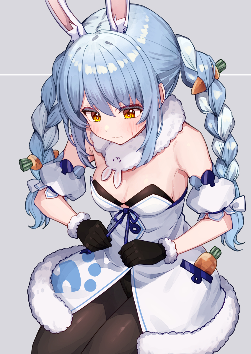 1girl absurdres animal_ears black_gloves black_leotard black_pantyhose blue_hair braid breasts carrot_hair_ornament closed_mouth clothing_cutout coat coat_dress detached_sleeves don-chan_(usada_pekora) dress extra_ears food-themed_hair_ornament fur-trimmed_coat fur-trimmed_gloves fur_scarf fur_trim gloves grey_background hair_ornament highres hikimayu hololive leotard leotard_under_clothes long_hair multicolored_hair nanado_shion orange_eyes pantyhose puffy_detached_sleeves puffy_short_sleeves puffy_sleeves rabbit-shaped_pupils rabbit_ears rabbit_girl scarf short_eyebrows short_sleeves sidelocks simple_background small_breasts solo strapless strapless_leotard sweatdrop symbol-shaped_pupils thick_eyebrows twin_braids two-tone_hair underboob_cutout usada_pekora usada_pekora_(1st_costume) virtual_youtuber white_coat white_hair white_scarf white_sleeves