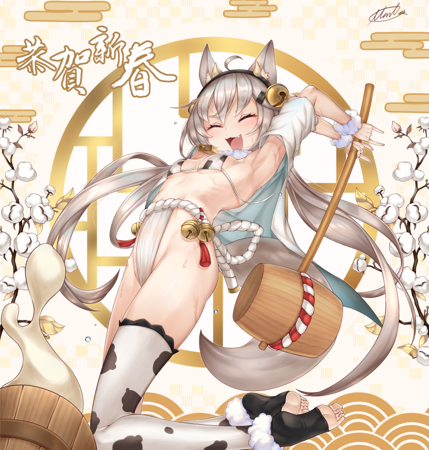 1girl :d ^_^ absurdres animal_ears animal_print bell bra breasts closed_eyes cow_print fang food fox_ears fox_girl fox_tail fundoshi grey_hair highres horn_hairband japanese_clothes jingle_bell jumping kine kouhaku_nawa long_hair mallet miko_no_kamiko mizu_happi mochi mochi_trail mochitsuki open_happi open_mouth original rope shimenawa small_breasts smile sweat tail thighhighs toeless_legwear underwear very_long_hair
