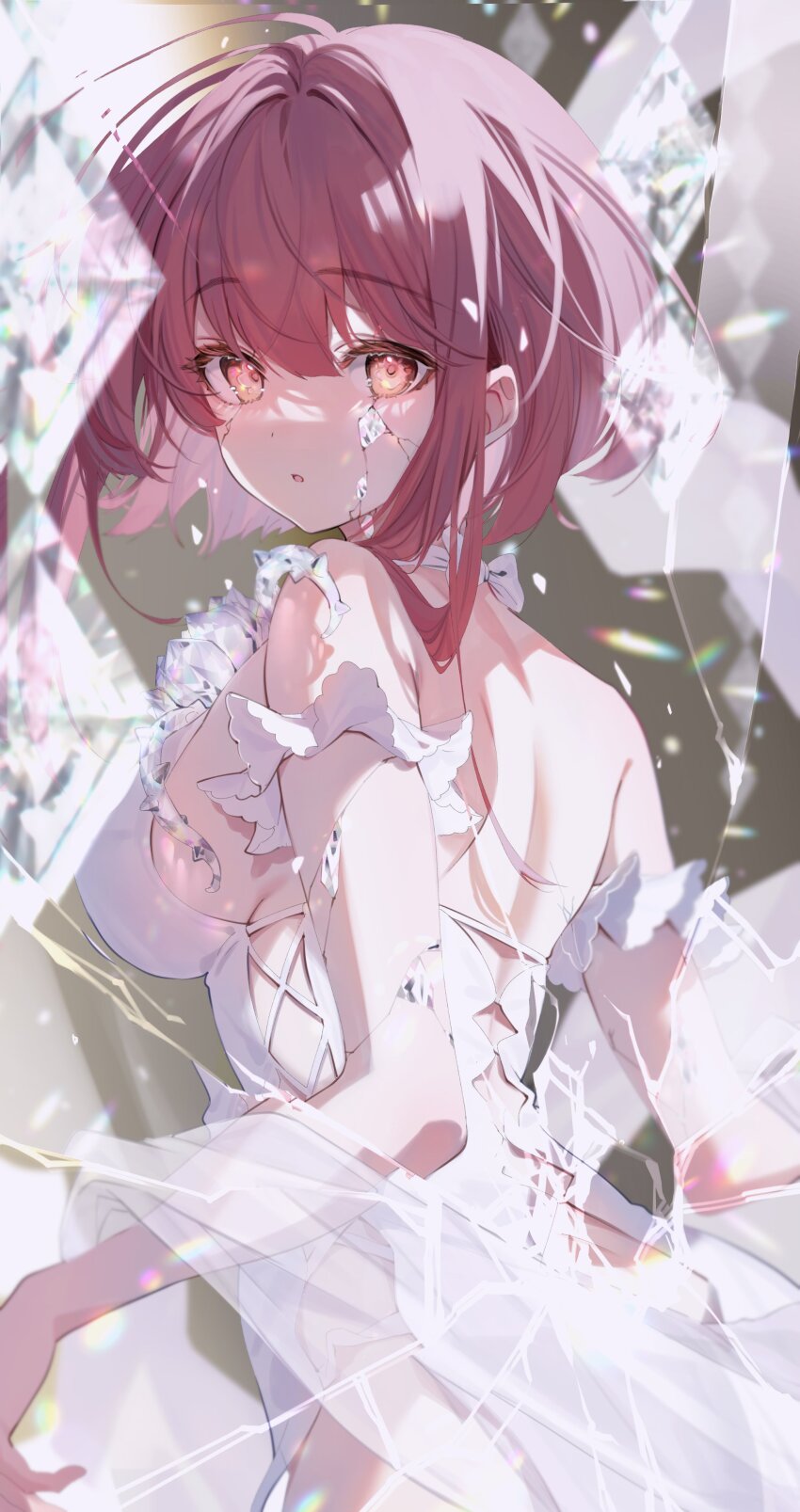 1girl absurdres back backless_dress backless_outfit boukyaku_seijo breasts cracked_skin crystal dress gradient_background grey_background hagoromo highres long_hair looking_back mariabelle_(boukyaku_seijo) novel_illustration official_art orange_eyes parted_lips pink_hair second-party_source shawl shuri_(84k) sideboob solo