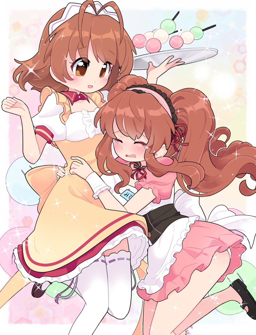 absurdres antenna_hair apron artist_request asahina_mikuru brown_eyes brown_hair clannad crying dango dango_daikazoku food furukawa_nagisa highres kyoto_animation maid maid_apron maid_headdress non-web_source suzumiya_haruhi_no_yuuutsu wagashi