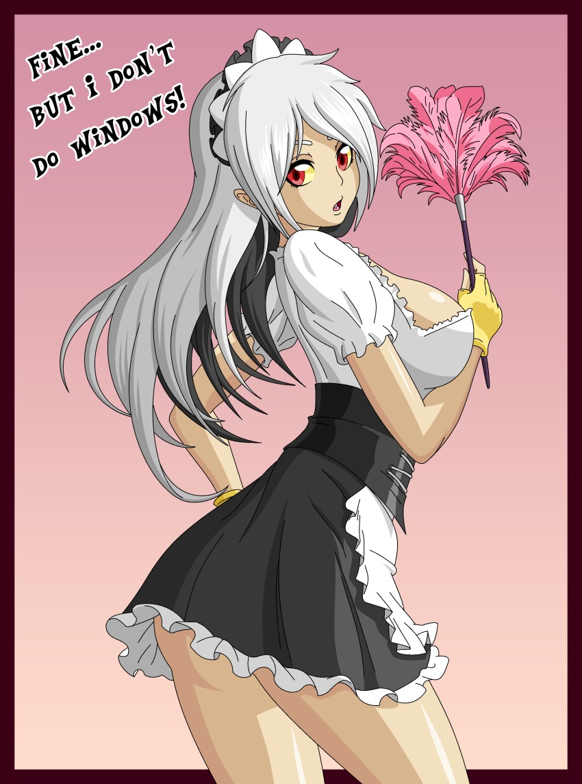 1girl absurdres ass black_border black_hair border breasts discord_(my_little_pony) duster english_text fang feather_duster female_focus fingerless_gloves genderswap genderswap_(mtf) gloves highres holding maid_headdress medium_breasts multicolored_hair my_little_pony my_little_pony:_friendship_is_magic open_mouth personification red_eyes shadow sidelocks silver_hair solo zantyarz