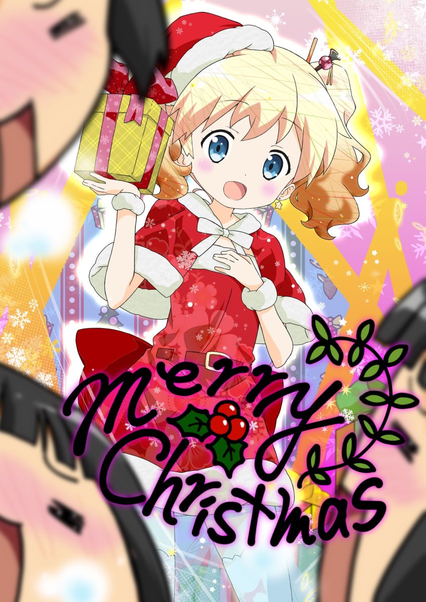 2girls :d =_= alice_cartelet berry black_hair blonde_hair blurry blurry_foreground blush bow chopsticks christmas commentary_request cowboy_shot english_text flat_chest gift hair_between_eyes hair_ornament hand_on_own_chest hands_up hat highres holding holding_gift kin-iro_mosaic koseki_masaru medium_hair merry_christmas mistletoe multiple_girls multiple_views nose_blush official_art oomiya_shinobu open_mouth raised_eyebrows red_bow red_theme santa_costume santa_hat shawl short_twintails smile snowflake_print tareme thighhighs twintails white_bow white_legwear wrapped_up zettai_ryouiki