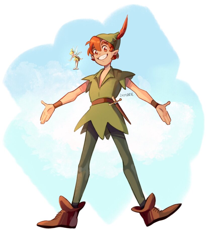 1boy black_footwear boots brown_eyes brown_hair bug fairy feathers fly fly_agaric green_hat green_shirt green_tunic hat hat_feather highres insect leaf moon mushroom peter_pan peter_pan_(character) pointy_ears red_feathers shirt short_hair size_difference tinker_bell_(character) tinker_bell_(disney) toon_(style) tunic walt_disney&#039;s_peter_pan watermark