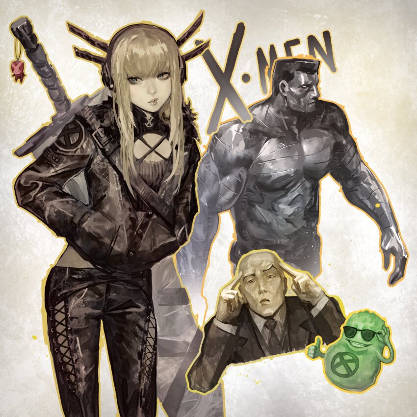 1girl 2boys black_jacket black_pants blonde_hair blue_eyes blunt_bangs brown_suit charles_xavier colossus_(x-men) copyright_name formal_clothes highres jacket magik_(x-men) marvel meme multiple_boys muscular muscular_male pants picardia_(meme) subakeye suit x-men