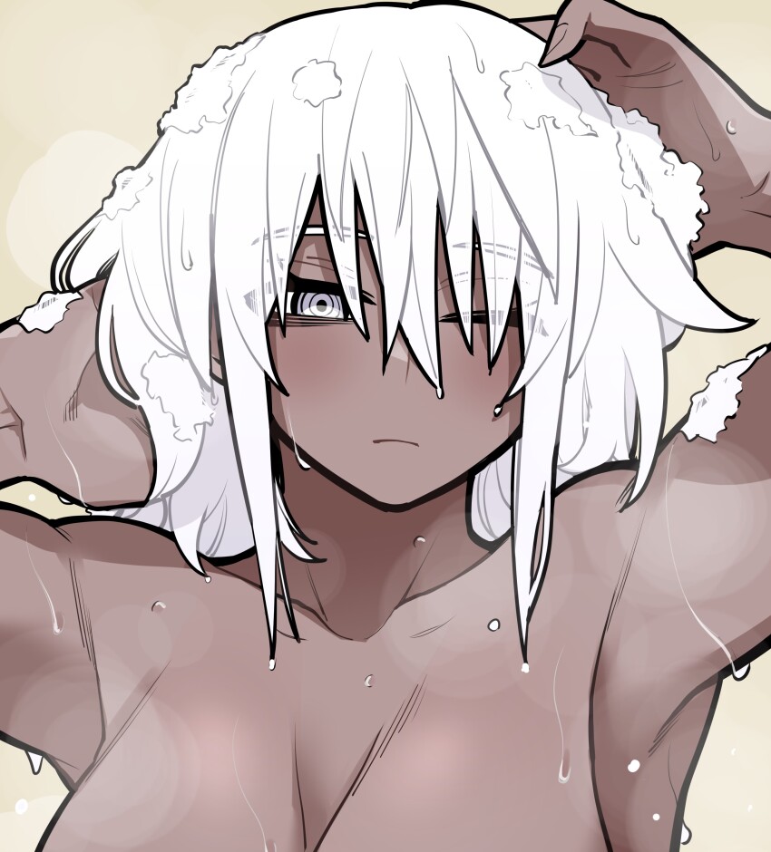 1girl absurdres armpits arms_up breasts collarbone dark-skinned_female dark_skin dripping fingernails flow_(kanke_(kank06020602)) grey_eyes highres kanke_(kank06020602) large_breasts long_bangs one_eye_closed original shampoo shower_(place) showering soap_bubbles solo washing_hair wet yellow_background