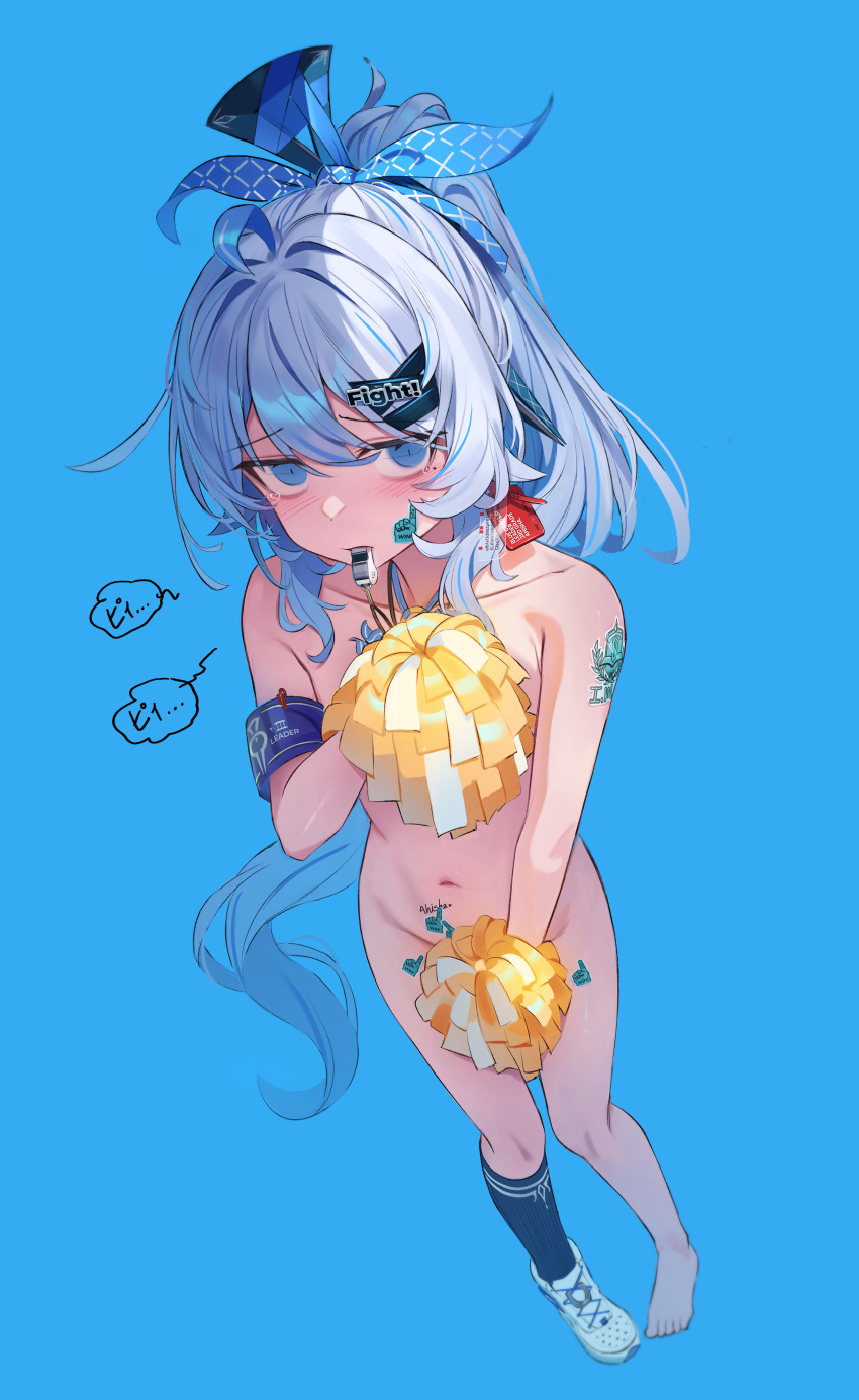 1girl absurdres ahisha_(di_le_to) armband bare_shoulders blue_background blue_bow blue_eyes blue_hair bow breasts cheerleader covering_privates di_le_to hair_bow hair_ornament highres holding holding_pom_poms long_hair mole mole_under_eye navel nude original pom_pom_(cheerleading) pom_poms ponytail shoes simple_background single_shoe single_sock small_breasts socks sticker_on_arm sticker_on_leg sticker_on_stomach