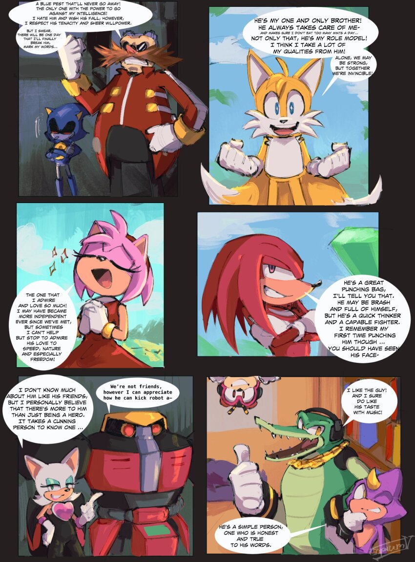 2girls 6+boys amy_rose animal_ears arthropod_boy bat_girl bee_boy charmy_bee closed_eyes commentary copium_v crocodile_boy crossed_arms dr._eggman e-123_omega english_commentary english_text espio_the_chameleon facial_hair fox_boy fox_ears fox_tail furry furry_female furry_male gloves gold_necklace headphones hedgehog_girl highres horns jewelry knuckles_the_echidna master_emerald metal_sonic multiple_boys multiple_girls mustache necklace one_eye_closed robot rouge_the_bat sharp_teeth signature single_horn sonic_(series) sparkle sparkling_eyes tail tails_(sonic) teeth vector_the_crocodile white_gloves