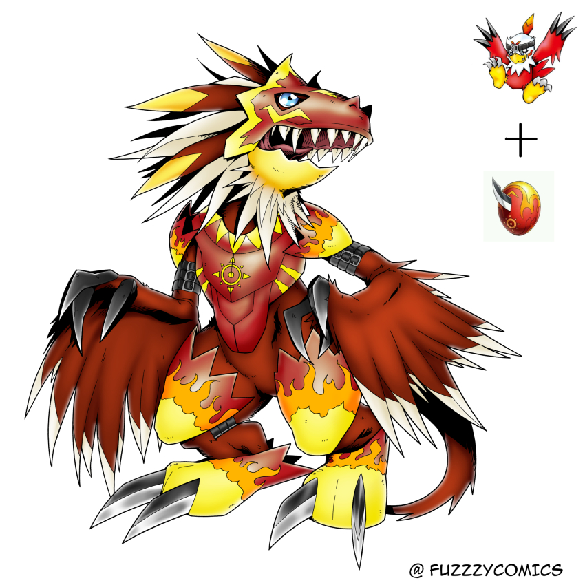 allomon armor blue_eyes claws crests_(digimon) digimental digimental_of_courage digimon digimon_(creature) dinosaur feathers fuzzzycomics hawkmon highres oridigi original sharp_teeth solo teeth twitter_username