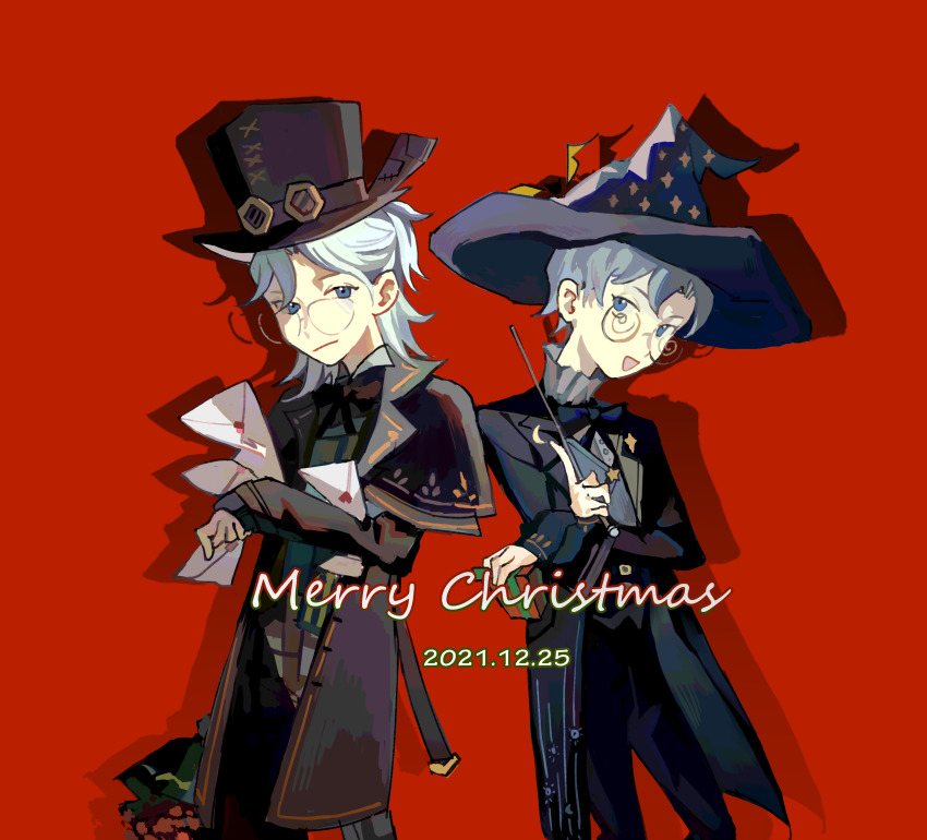 2boys absurdres black_bow black_bowtie black_capelet black_coat black_pants blue_eyes blue_hair blue_vest bow bowtie capelet character_request chinese_commentary chuanhua closed_mouth coat commentary_request copyright_request dated english_text envelope glasses hat highres holding holding_envelope holding_wand male_focus medium_hair merry_christmas multiple_boys open_clothes open_coat open_mouth pants red_background short_hair smile vest wand white_hair wizard_hat