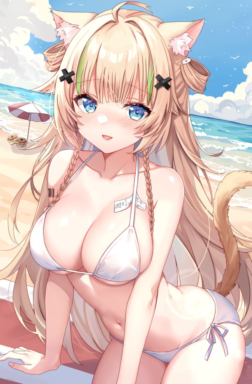 1girl absurdres ahoge animal_ears bare_arms bare_shoulders beach bikini blonde_hair blue_eyes braid breasts cat_ears cat_girl cat_tail character_request cinu cleavage collarbone cowboy_shot halterneck highres indie_virtual_youtuber long_hair looking_at_viewer medium_breasts multicolored_hair navel open_mouth side-tie_bikini_bottom smile solo stomach streaked_hair string_bikini swimsuit tail very_long_hair virtual_youtuber white_bikini