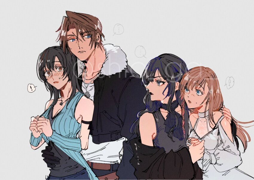1boy 3girls arm_around_shoulder arm_around_waist black_gloves black_hair blush brown_hair couple detached_sleeves dress final_fantasy final_fantasy_viii final_fantasy_xiv fur_trim gaia_(ff14) gloves highres holding_hands in-franchise_crossover multiple_girls rinoa_heartilly ryne_waters scar scar_on_face shio_ga squall_leonhart upper_body yuri