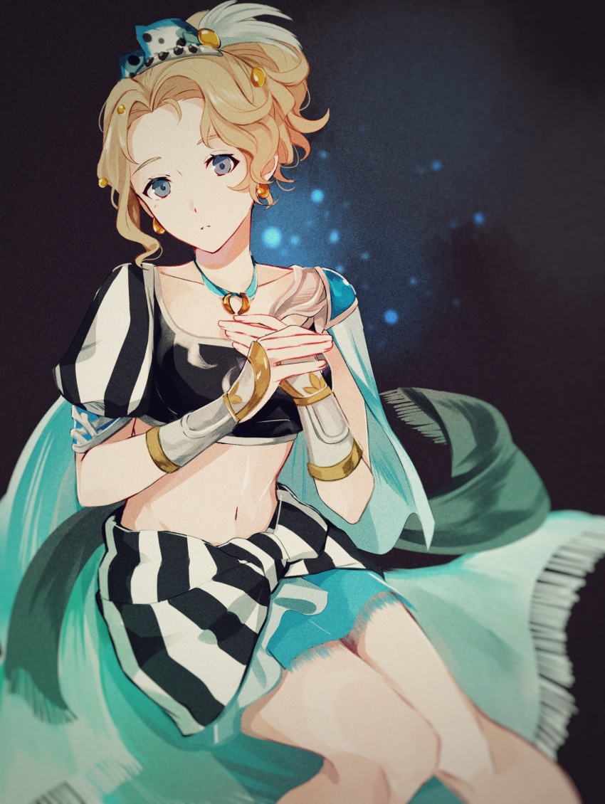 1girl absurdres alternate_costume blonde_hair blue_eyes breasts cape closed_mouth crop_top dissidia_final_fantasy earrings female_focus final_fantasy final_fantasy_vi highres jewelry looking_at_viewer midriff miniskirt navel necklace official_alternate_costume pauldrons ponytail short_hair short_sleeves shoulder_armor single_pauldron skirt solo striped tina_branford vertical_stripes wristband yawai_tofu