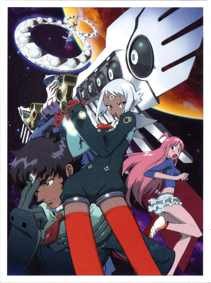 00s 1boy 2girls absurdres ahoge black_hair dark_skin green_eyes highres lal&#039;c_mellk_mal long_hair multiple_girls nichola_vacheron nono_(top_wo_nerae_2!) pink_hair sadamoto_yoshiyuki short_hair thighhighs top_wo_nerae!_(series) top_wo_nerae_2! white_hair yellow_eyes