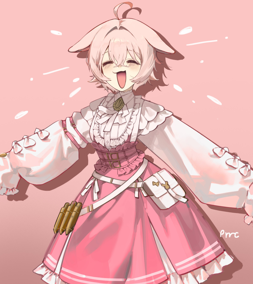 1girl absurdres ahoge animal_ears belt_pouch bow buttons closed_eyes ears_down frills high-waist_skirt highres k_hottok open_mouth phase_connect pink_background pink_skirt pipkin_pippa pipkin_pippa_(2nd_costume) pouch rabbit_ears rabbit_girl shadow shirt skirt solo virtual_youtuber white_bow white_shirt