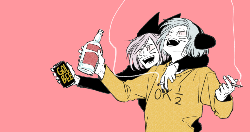 2boys alcohol animal_ears animal_hat arm_around_shoulder beer beer_can blue_hair blush can cat_hat cigarette closed_eyes commentary_request drink_can drunk facial_mark fake_animal_ears hat holding holding_cigarette male_focus marijuana multiple_boys nyen_(randal&#039;s_friends) nyon_(randal&#039;s_friends) open_mouth pink_background pink_hair randal&#039;s_friends shirt short_hair simple_background tsukasa_(tsukasa_mimizuku) upper_body vodka whisker_markings yellow_shirt