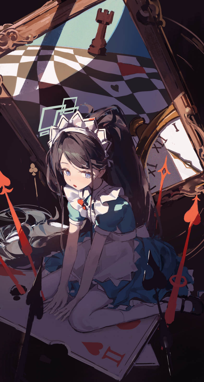 1girl absurdres alice_(alice_in_wonderland) alice_(alice_in_wonderland)_(cosplay) alice_in_wonderland alternate_costume apron aris_(blue_archive) between_legs black_hair black_shoes blue_archive blue_dress blue_eyes blush cosplay dress full_body hair_between_eyes hairband halo hand_between_legs highres incredibly_absurdres long_hair looking_to_the_side loong_(loong_blo) maid maid_apron maid_headdress name_connection official_alternate_hairstyle on_floor open_mouth parted_bangs ponytail shoes short_sleeves sitting socks solo wariza white_apron white_hairband white_socks