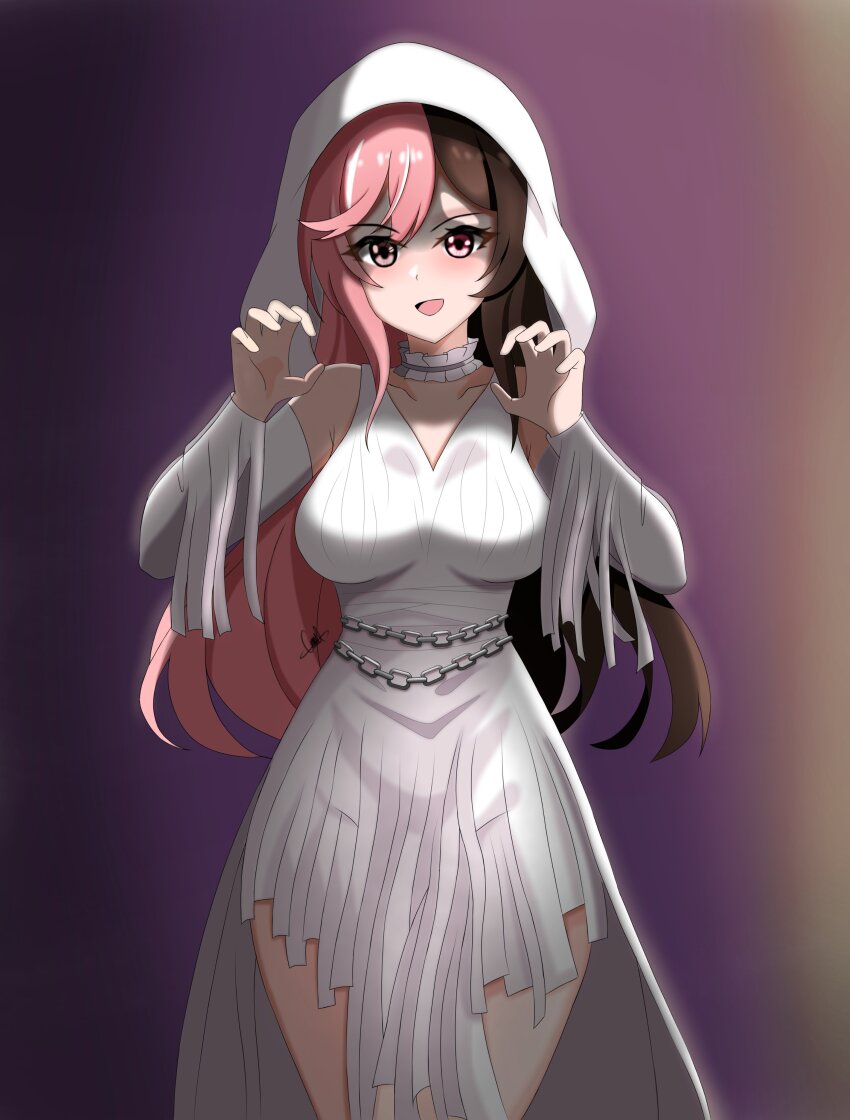1girl absurdres blush breasts brown_eyes brown_hair claw_pose dress halloween halloween_costume heterochromia highres large_breasts legs lgc_cat long_hair looking_at_viewer made_in_2024 neopolitan_(rwby) open_mouth pink_eyes pink_hair rwby shaded_face smile solo thighs tongue