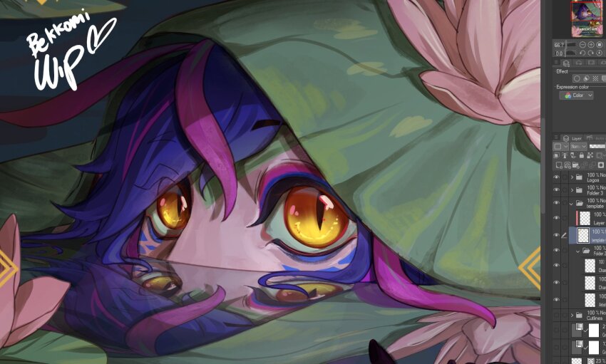 1girl artist_name bekkomi blue_hair in_water leaf leaf_on_head league_of_legends looking_at_viewer multicolored_hair neeko_(league_of_legends) orange_eyes pink_hair slit_pupils solo two-tone_hair unfinished water