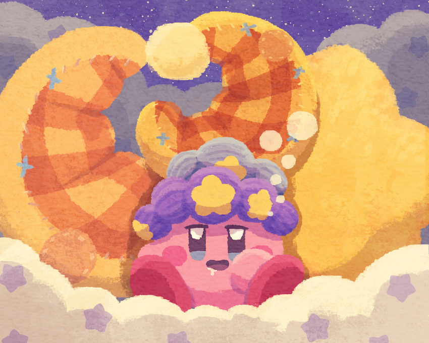 cloud copy_ability crescent crescent_pillow deep_sleep_kirby kirby kirby_(series) kirby_and_the_forgotten_land looking_at_viewer miclot night night_sky nintendo no_humans open_mouth pink_shoes saliva shoes sky sleep_kirby smile squeans star-shaped_pillow stuffed_toy