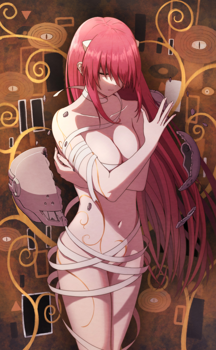 1girl arema bandaged_arm bandaged_chest bandaged_neck bandages bare_shoulders breaking breasts broken_helmet cleavage closed_eyes closed_mouth collarbone commentary_request covering_breasts covering_privates cowboy_shot crossed_arms elfen_lied expressionless gustav_klimt_(style) hair_between_eyes hair_over_one_eye helmet highres horns large_breasts legs_together long_hair loose_bandages lucy_(elfen_lied) naked_bandage navel partial_commentary red_hair sidelocks solo spiral standing swept_bangs tattoo