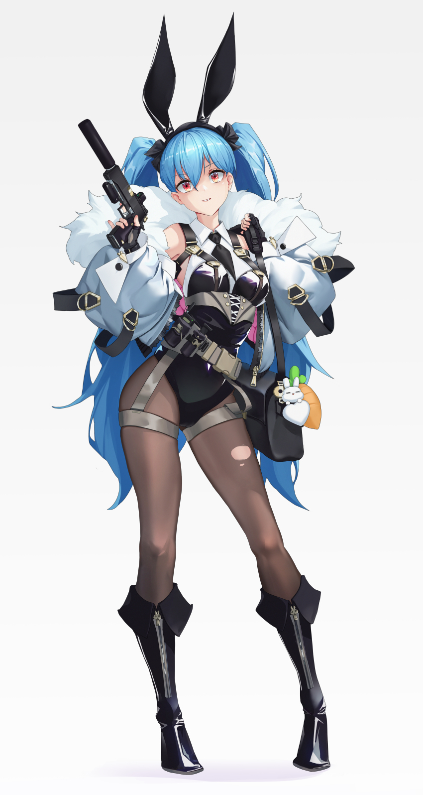 1girl a_kite_(akitee) absurdres ammunition_pouch animal_ear_hairband animal_ears ankle_boots bag bare_shoulders belt black_gloves black_necktie black_pantyhose blue_hair boots breasts cameltoe collared_leotard corset fake_animal_ears fingerless_gloves full_body gloves gun hairband handgun highres jacket leotard long_hair looking_at_viewer necktie one_side_up open_mouth original pantyhose playboy_bunny pouch red_eyes small_breasts standing stuffed_toy suppressor tachi-e tactical_clothes teeth thigh_strap torn_clothes torn_pantyhose twintails upper_teeth_only very_long_hair walkie-talkie weapon white_background