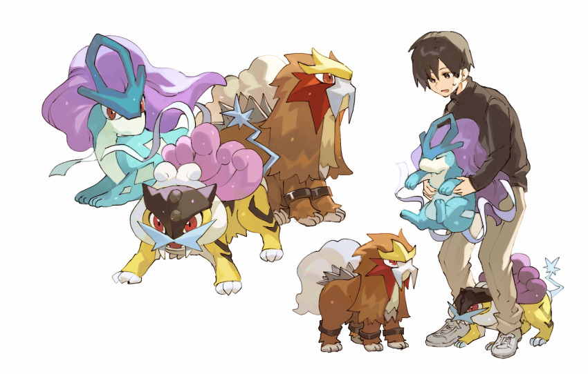 1boy aged_down beige_pants black_sweater commentary_request entei gen_2_pokemon grey_footwear hair_between_eyes holding holding_pokemon legendary_pokemon long_sleeves looking_down newo_(shinra-p) nintendo pants pokemon pokemon_(creature) raikou shoes short_hair simple_background sneakers standing suicune sweat sweatdrop sweater white_background