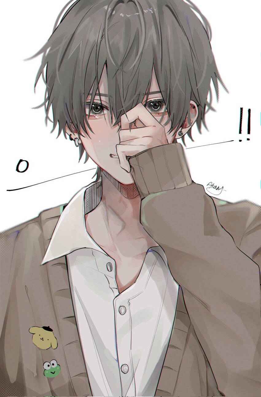 1boy a20190422 brown_cardigan brown_hair cardigan collared_shirt ear_piercing earrings grey_eyes highres jewelry kero_kero_keroppi keropii long_sleeves male_focus original piercing pompompurin sanrio shirt short_hair solo stud_earrings teeth white_shirt