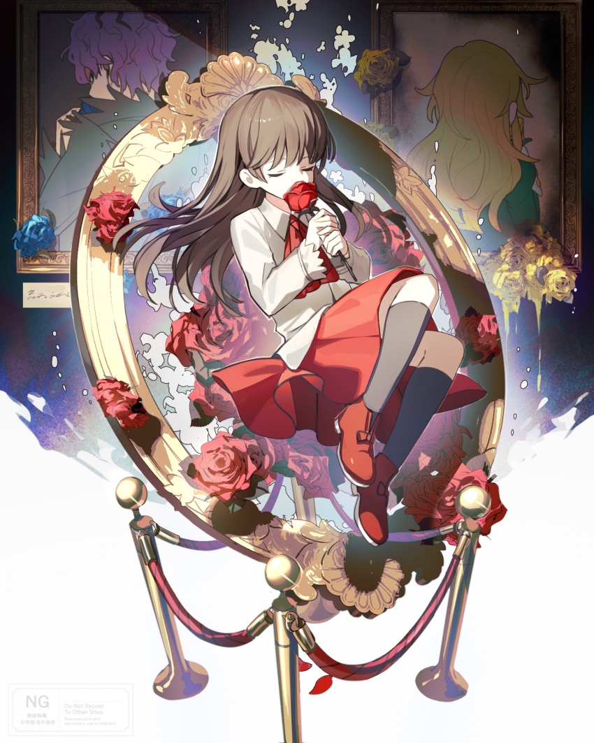 1boy 2girls ascot black_background black_socks blonde_hair blue_flower blue_rose brown_hair closed_eyes coat collared_shirt commentary dress english_commentary facing_away flower garry_(ib) green_dress grey_coat highres holding holding_flower ib_(ib) ib_(kouri) kneehighs long_hair long_sleeves mary_(ib) multiple_girls painting_(object) picture_frame purple_hair red_ascot red_flower red_rose red_shoes red_skirt rose shirt shoes skirt socks stanchion torn_clothes torn_coat tsugutoku two-tone_background watermark white_background white_shirt yellow_flower yellow_rose