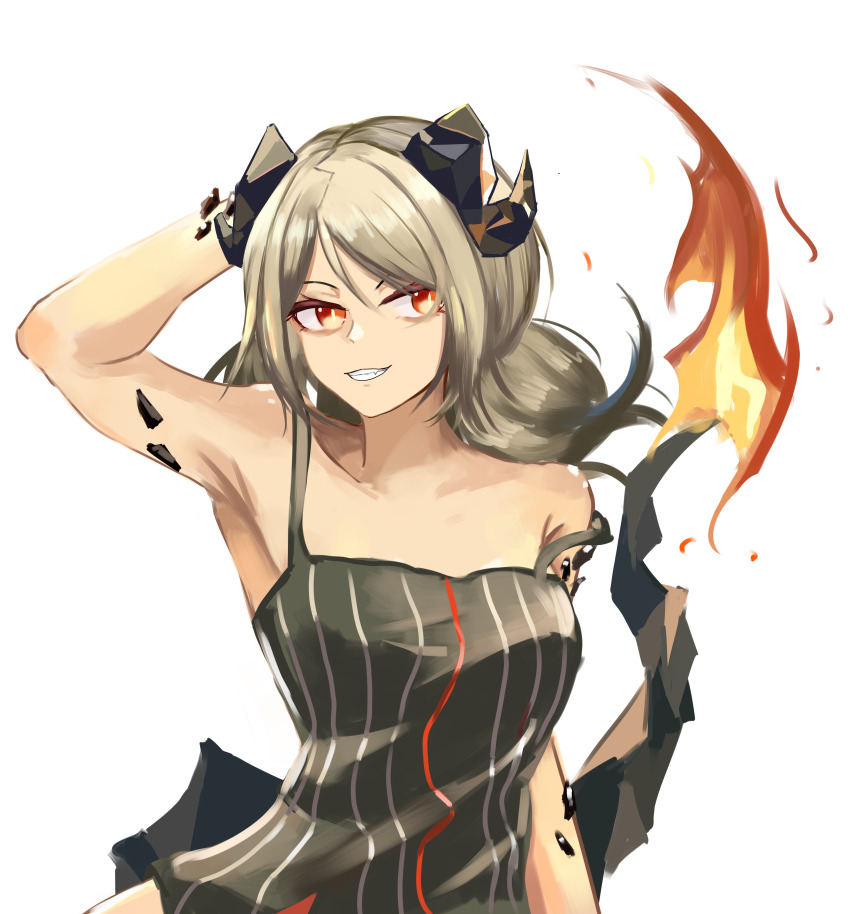 1girl absurdres arknights armpits blonde_hair camisole fire flame-tipped_tail grin highres horns ifrit_(arknights) looking_at_viewer material_growth medium_hair orange_eyes oripathy_lesion_(arknights) simple_background smile solo spaghetti_strap strap_slip striped_clothes tail upper_body vertical-striped_clothes white_background yue_lian_bang_ni
